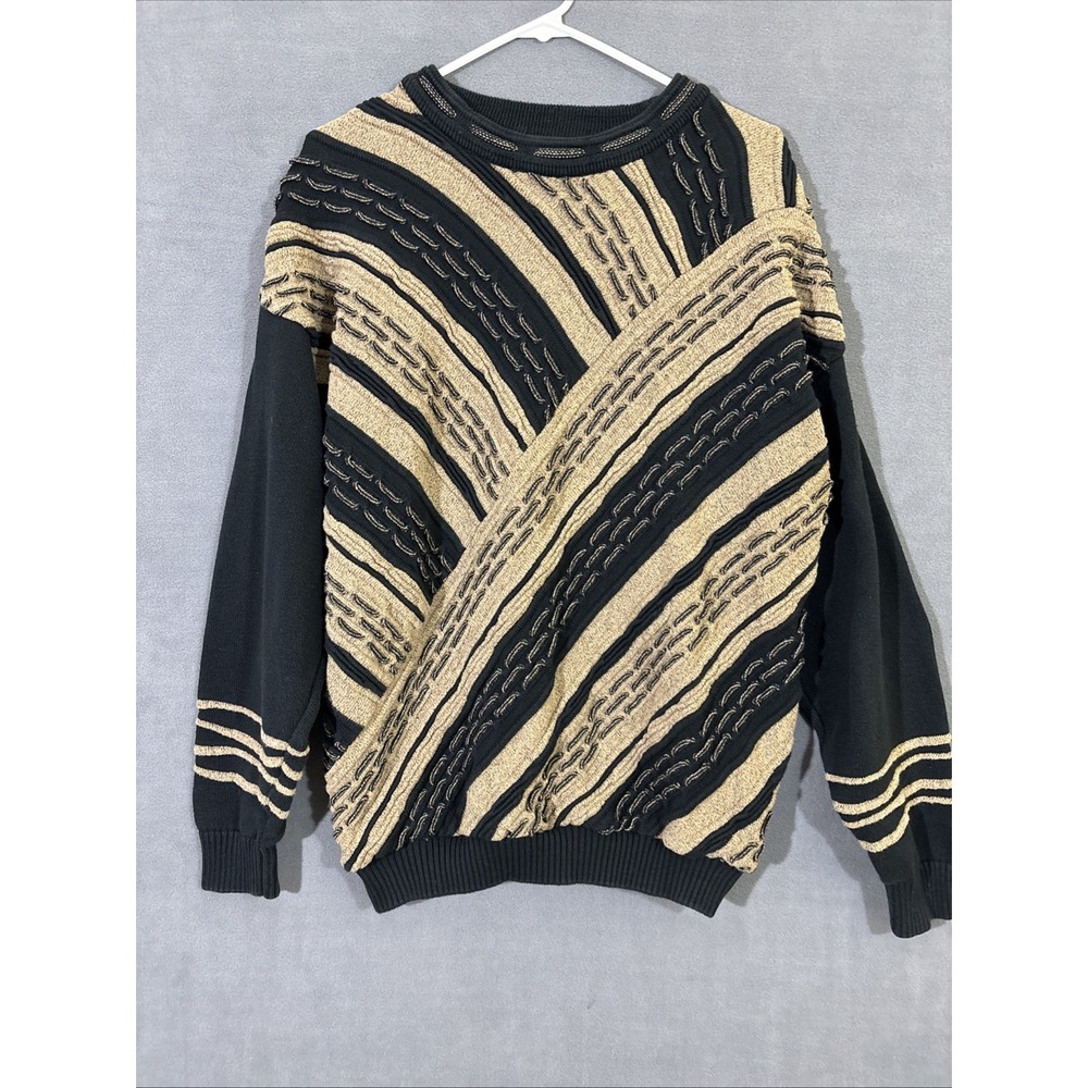 Bachrach Vintage Mens M Textured Sweater 1980s Black Tan Stripe 1990s 90s Coogi
